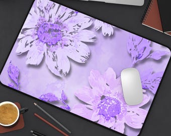 Purple Floral Desk Mat: Neoprene Office Decor, Home Workspace Accessory