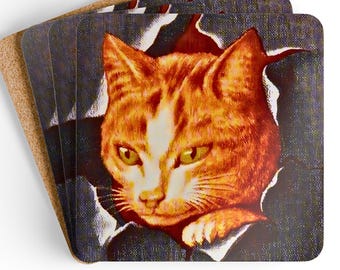 May include: A stack of square coasters featuring a cat's face bursting through a dark background. The cat has orange and white fur with green eyes. The coasters have a cork backing.