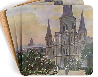 Korkunderlägg till St. Louis-katedralen – New Orleans Vintage Art, set om 4
