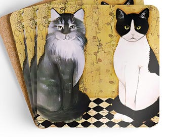May include: Set of four square coasters featuring cat illustrations. One coaster depicts a gray and white cat, and another shows a black and white cat. The background is yellow with a floral design, and the base is cork.