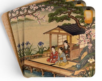 Juego de 4 posavasos de corcho con diseño de jardín de té de geishas japonesas y escena de cerezos en flor estilo Ukiyo-e.