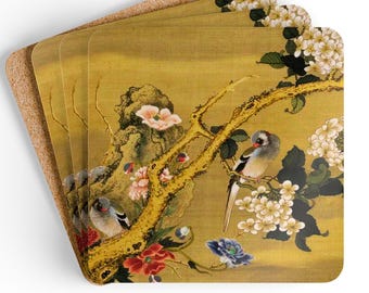 Vintage Asian Bird Floral Cork Coaster Set of 4, Square Drink Coasters, Asian Home Decor, Coffee Table Coasters, Drink Mats for Housewarming