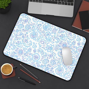 Floral Blue Desk Mat Elegant Mouse Pad Home Office Decor Accessories Desk Pad Vintage Mouse Mat, Gifts for Her, Elegant Blue Workspace Decor