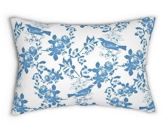 Blue Floral Bird Lumbar Pillow, Vintage Toile Pattern Accent Cushion, Decorative Throw Pillow, 20x14