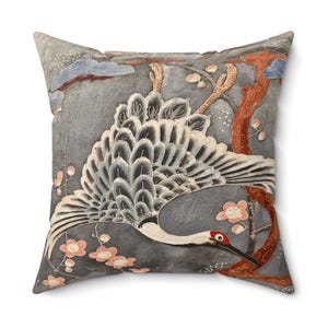 Cojín japonés vintage con diseño de flor de grulla, cojín decorativo oriental, cojín de acento bohemio, cojín decorativo de estilo chinoiserie, cojín para sofá