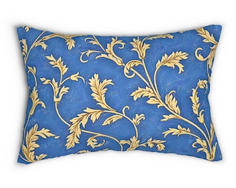 Cojín lumbar azul con estampado de enredaderas de acanto barrocas vintage, cojín decorativo, cojín botánico para sofá, 20x14
