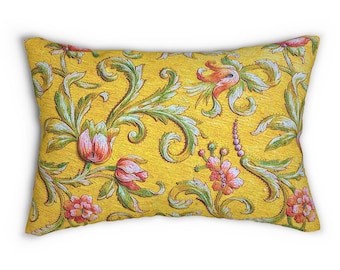 Almohada lumbar con volutas florales amarillas, cojín decorativo con estampado barroco vintage botánico, cojín decorativo para sofá o dormitorio.