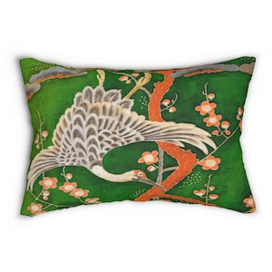 Crane and Blossom Lumbar Pillow, Green Japanese Crane Throw Pillow, Oriental Decorative Pillow, Chinoiserie Home Decor, Sofa Accent Cushion