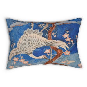 Cojín lumbar con grulla azul y flor de cerezo, cojín decorativo floral con aves asiáticas, cojín decorativo oriental, cojín decorativo estilo boho.