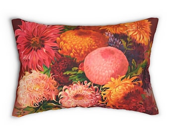 Vintage Floral Lumbar Pillow, Chrysanthemum Garden Accent Pillow