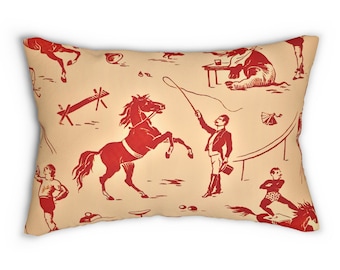 Cojín lumbar con estampado de caballo de circo vintage, cojín decorativo rojo con estampado toile.