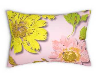 Cojín lumbar floral, estampado botánico amarillo y rosa, cojín decorativo