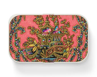 Orientalische Bento Box mit Pagodenmuster, Pink Floral Chinoiserie Lunchbox, Utensilien inklusive