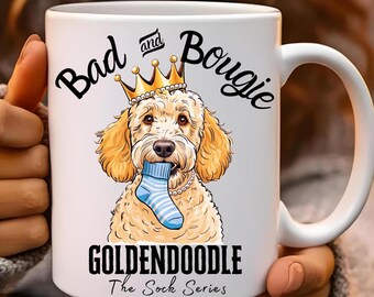 Witte glanzende mok Bad and Bougie Goldendoodle, Goldendoodle-mok, Doodle-koffiemok, Goldendoodle-cadeau, Hondenmok, Goldendoodle-liefhebber, Theekop