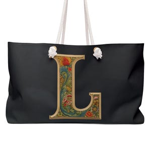 Bolsa de fin de semana con letra L floral personalizada, ideal para escapadas de fin de semana, viajes, Día de la Madre, gimnasio, playa, elegante y funcional.