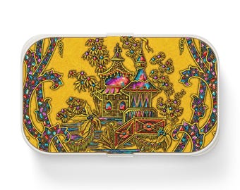 Vintage Pagoda Design Bento Lunch Box Set, Yellow Chinoiserie Pattern Lunchbox, Utensils Included