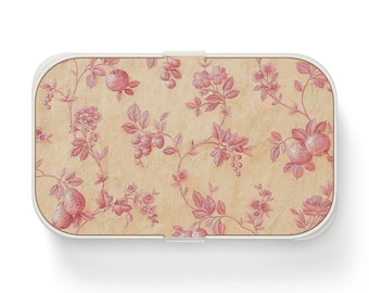 Bento box vintage rosa con motivo floreale, utensili inclusi, contenitore per la preparazione dei pasti in stile giapponese