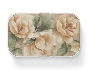 Conjunto de lancheira Bento vintage com estampa de rosas em aquarela, com talheres, recipiente para almoço ecológico com estampa floral.