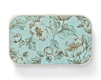 Vintage Floral Bento Lunch Box, Aqua Peony Pattern, Japanese Style