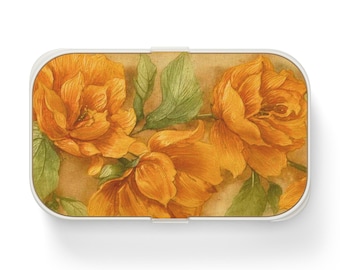 Juego de fiambrera Bento Vintage con diseño de rosas naranjas, cubiertos incluidos, fiambrera floral.
