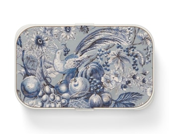 Blue Toile Bird and Fruit Bento Lunch Box, Floral Patterned Lunchbox, Japanese Bento Box, Eco-Friendly Meal Prep Container, Compact Bento