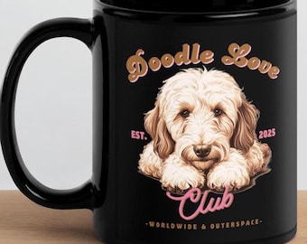 Doodle Love Club zwarte glanzende mok, Goldendoodle-cadeau