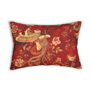 Vintage Chinoiserie Phoenix on Red Lumbar Pillow, Antique Oriental Design Decorative Pillow, Throw Pillow, Accent Pillow, Sofa Throw Cushion