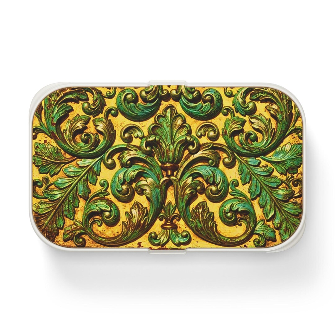 Scroll Work Box Vintage Baroque Scrollwork Bento Lunch Box, Green Ornate Bento Box ...