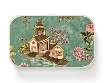 Vintage Chinoiserie Pagoda Bento Box, Teal Floral Lunchbox