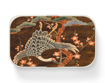 Lunchbox bento z żurawiami i kwiatami śliwy, japoński zestaw bento, lunchbox w orientalnym stylu, ekologiczny pojemnik do przygotowywania posiłków, prezent dla smakoszy