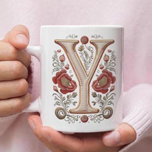 Taza de café de cerámica con diseño floral vintage, ideal como regalo para amantes del café, estilo bohemio, apta para lavavajillas, taza artística para té, decoración del hogar, con la inicial Y, idea de regalo con la inicial Y