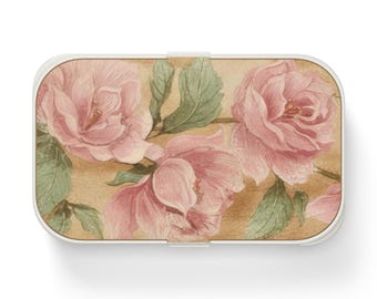 Vintage Pink Roses Bento Lunch Box, Floral Snack Container, Retro Rose Pattern Lunchbox
