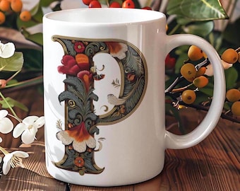 Vintage-Inspired Ceramic Coffee Mug Unique Gift for Coffee Lovers, Decorative Tea Cup, Bohemian Style Drinkware, Artistic Mug, Initial P Mug