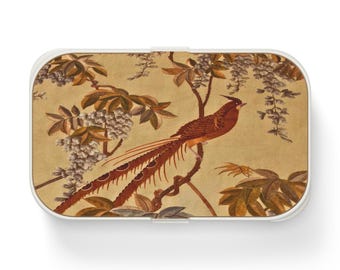 Fiambrera Bento floral asiática vintage, fiambrera Bento japonesa con diseño botánico de pájaros, recipiente ecológico para preparar comidas.