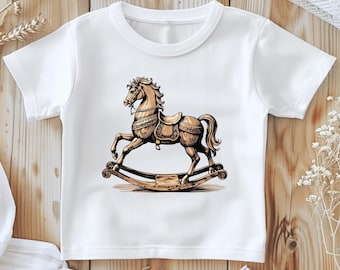 Camiseta infantil con estampado de caballito mecedora, estilo vintage.