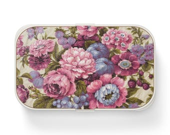 Fiambrera Bento con estampado floral vintage, incluye utensilios, color rosa y morado, ecológica.