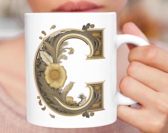 Vintage-Inspired Ceramic Coffee Mug, Rustic Coffee Cup, Perfect Gift for Tea Lovers, Home Decor, Unique, 11oz Initial C Mug, Initial C Gift