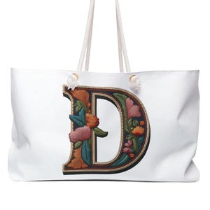 Bolsa de fin de semana con diseño vintage de la letra D, bolsa de viaje, bolso de mano para pasar la noche, estampado del alfabeto retro, equipaje de mano, bolsa de lona blanca.