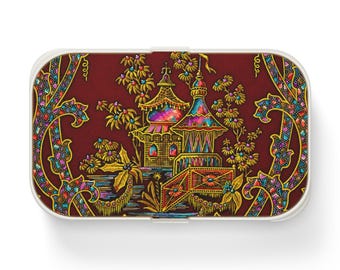 Lancheira Bento Pagoda Oriental, Lancheira Floral Chinoiserie Vintage, Talheres Inclusos