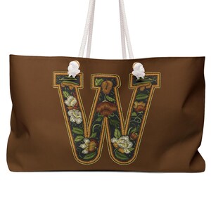 Brown Weekender Bag, Floral Canvas Tote for Travel, Stylish Large Beach Bag, Gift for Weekend Getaways Mothers Day Gift Initial W Tote Bag