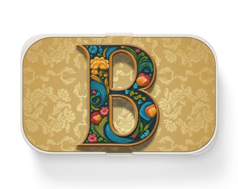 Personalized Floral Initial B Bento Lunch Box, Eco-Friendly Lunch Organizer, Bento Box for Meal Prep Cute Kids Lunch Box Unique Gift for Her