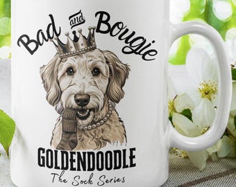 Witte glanzende mok Bad and Bougie Goldendoodle, Goldendoodle-mok, Goldendoodle-cadeau, Doodle-cadeau, Goldendoodle, Doodle Mom, Doodle Mama Cadeau