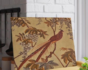 Tábua de corte vintage asiática em vidro com motivos botânicos, estilo chinoiserie, decoração de cozinha com pássaros e flores, bandeja oriental para servir, ideal para inauguração de casa.