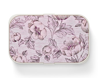 Vintage Floral Bento Lunch Box, Peony Wooden Lid, Eco-Friendly Container