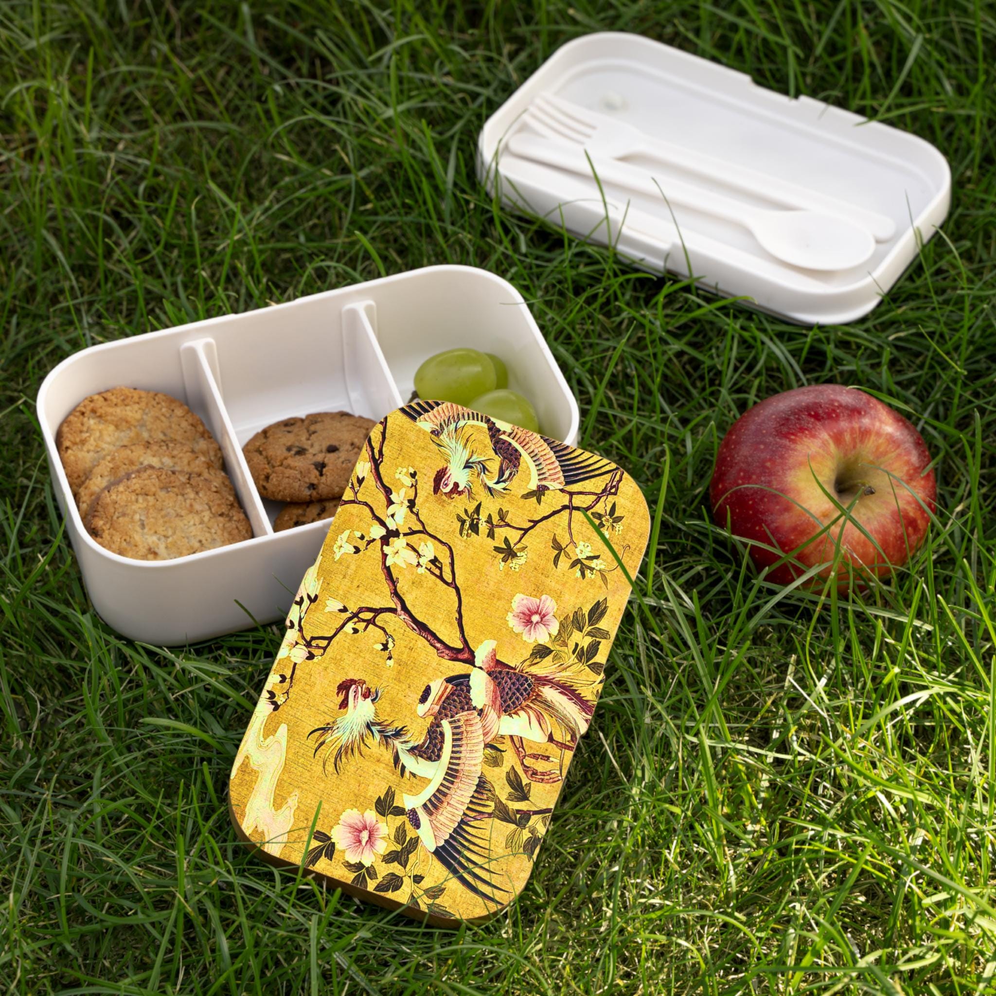 Vintage Chinoiserie Phoenix Floral Bento Lunch Box, Yellow Asian