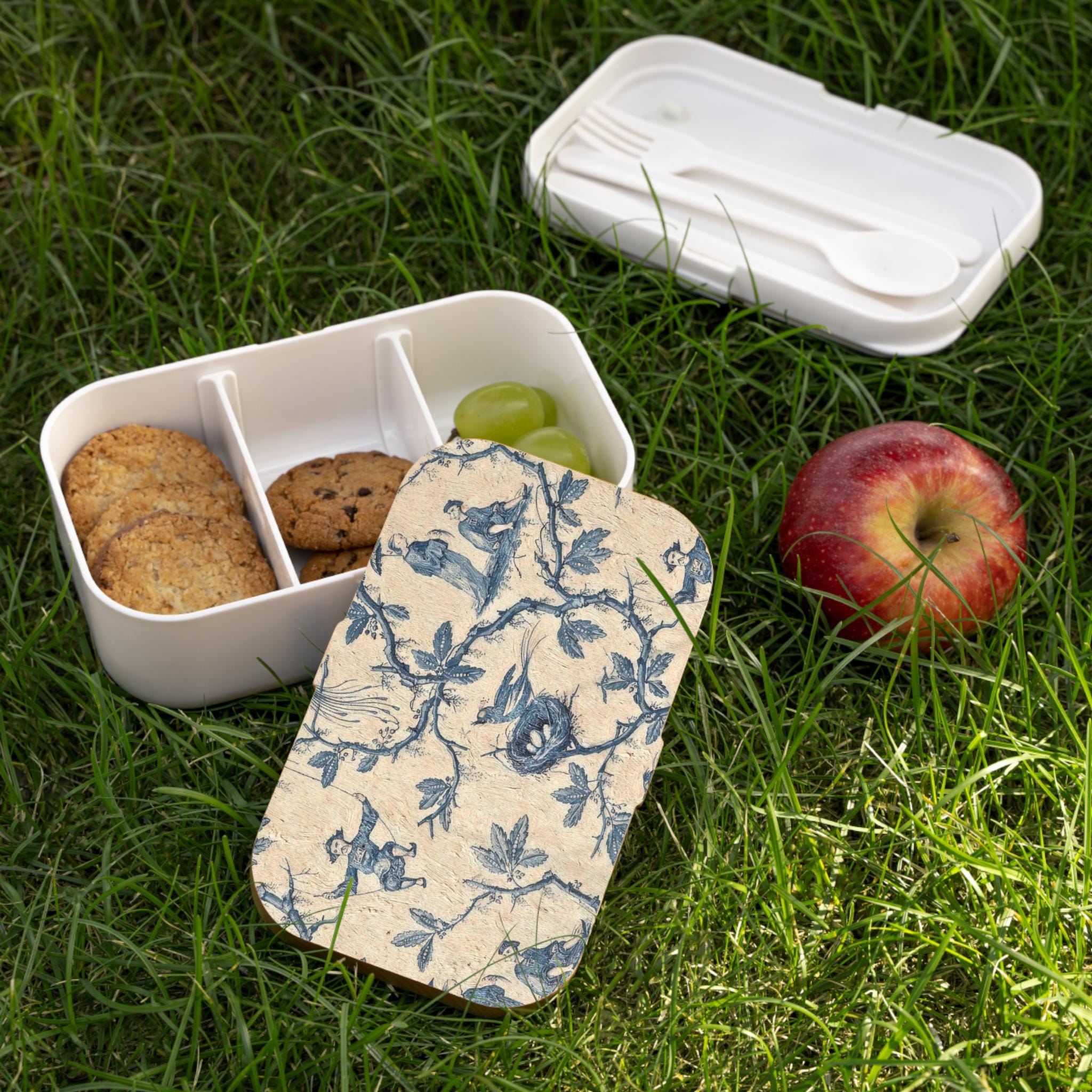 Vintage Blue Chinoiserie Bird Pattern Bento Lunch Box, Japanese