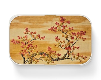 Lunchbox bento z jesiennym klonem, lunchbox bento z japońskim kwiatem, ekologiczne przygotowanie posiłków do pracy lub szkoły, lunchbox sushi, pomysł na prezent dla smakosza