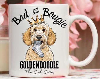Witte glanzende mok Bad and Bougie Goldendoodle, Goldendoodle-mok, Doodle-mok, Goldendoodle-cadeau, hondenmok, Goldendoodle-liefhebber.