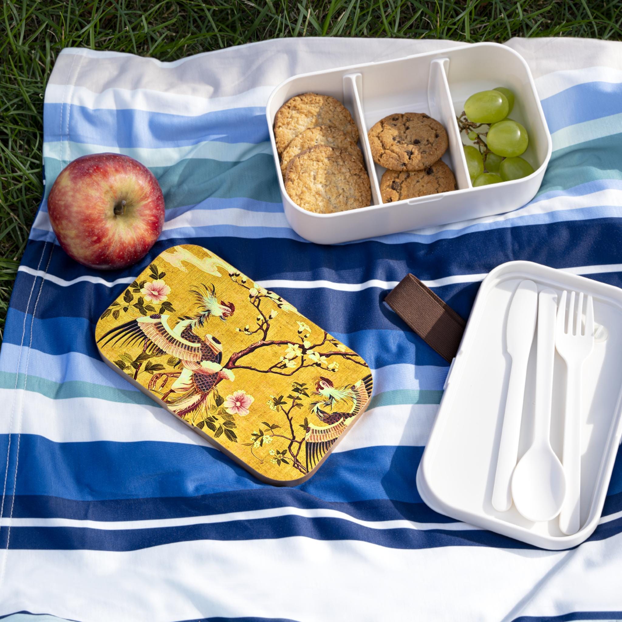 Vintage Chinoiserie Phoenix Floral Bento Lunch Box, Yellow Asian