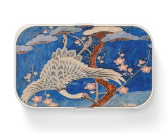 Boîte à bento bleue grue et fleurs de cerisier, ensemble de boîtes à bento grue du Japon, boîte à lunch de style oriental, récipient écologique pour la préparation de repas